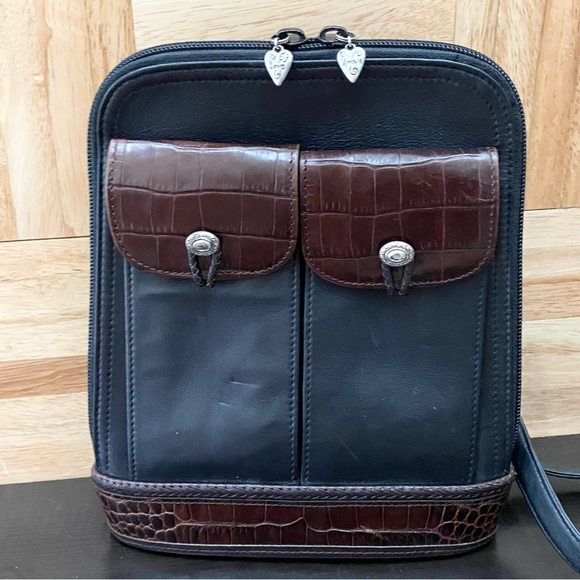 Vintage BRIGHTON Black Croc Leather Trims Two-Flap Front Pockets Shoulder Bag - Picture 5 of 16